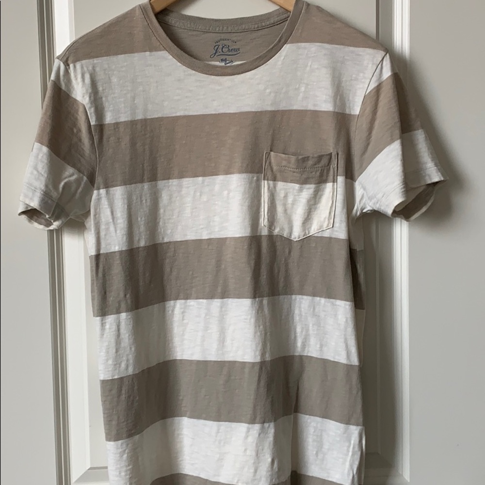 J. Crew Tan & White Striped Pocket Tee